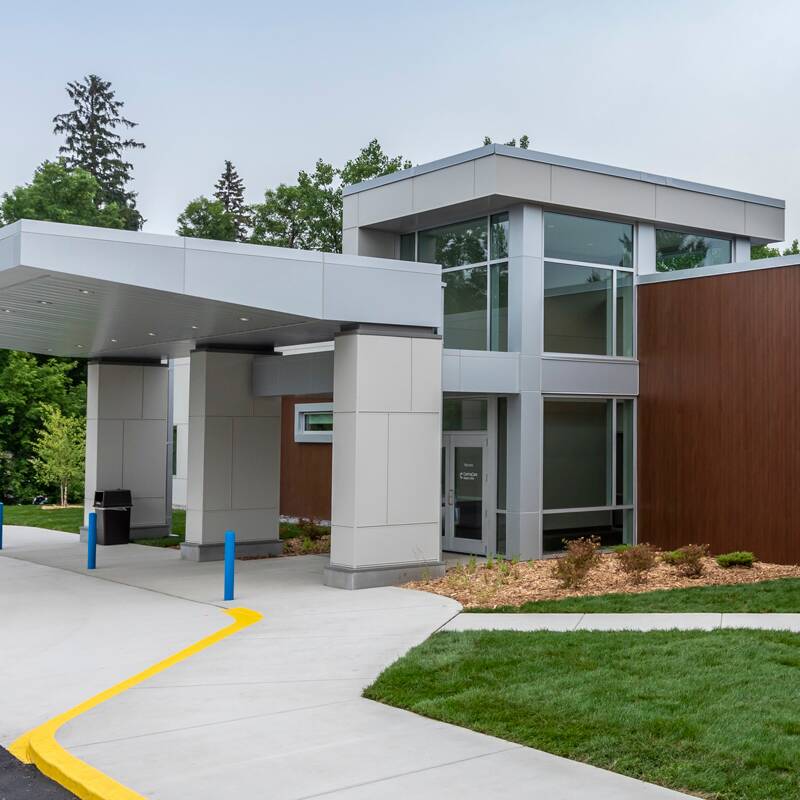 The opening to a modern looking building