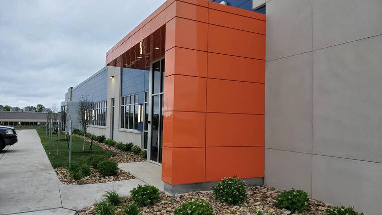 Modern orange and blue office exterior