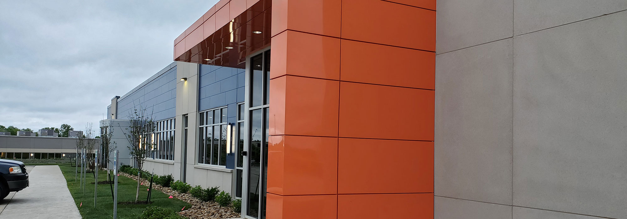 Modern orange and blue office exterior